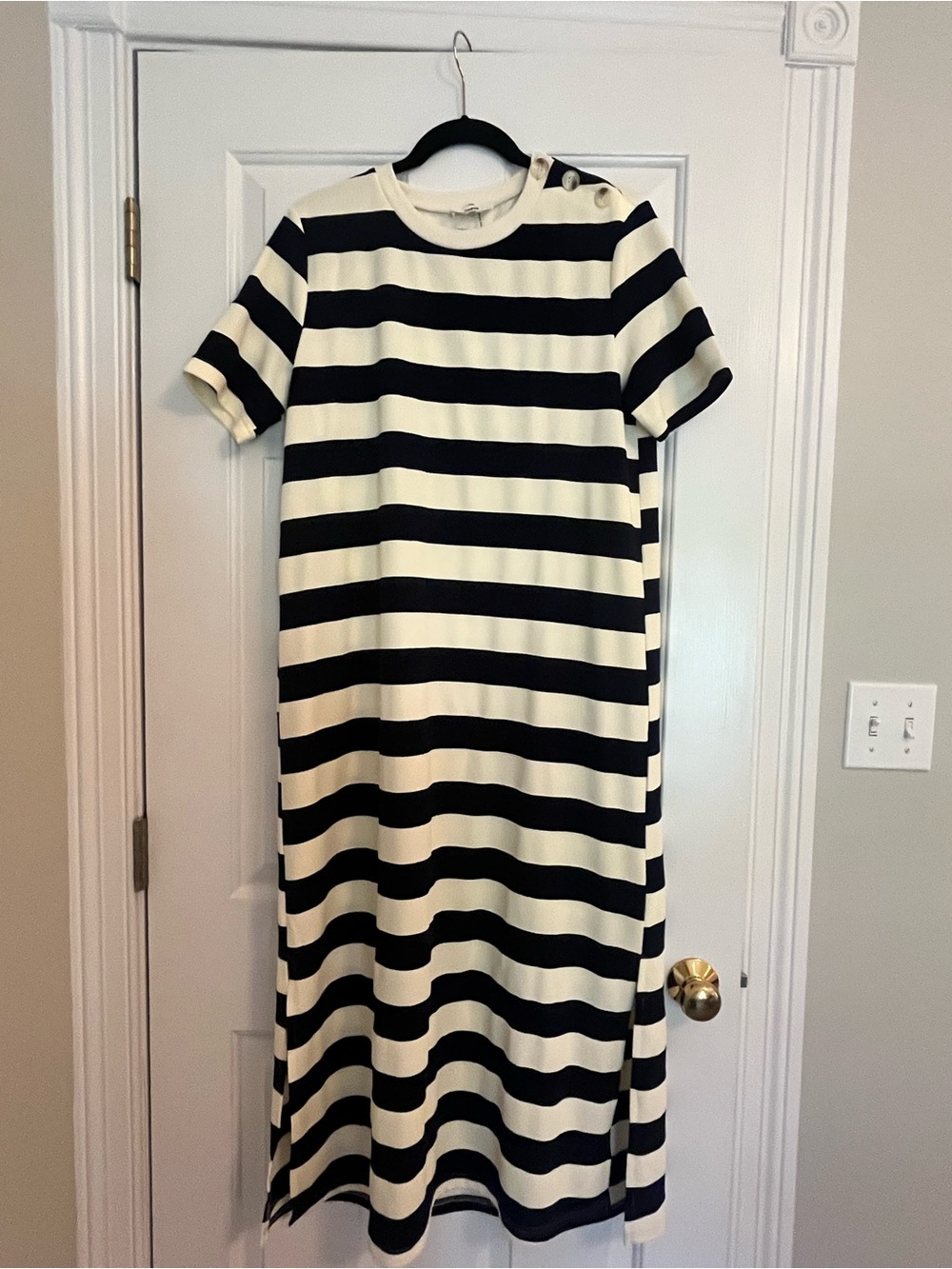 entro Navy and Ivory Striped Maxi Dress with Shoulder Buttons